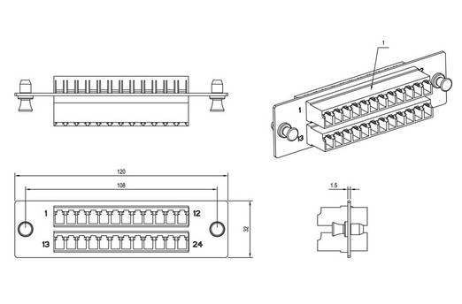 Hyperline Панель для FO-19BX с 24 LC адаптерами, 24 волокна, многомод OM3/OM4, 120x32 мм, адаптеры цвета аква (aqua)